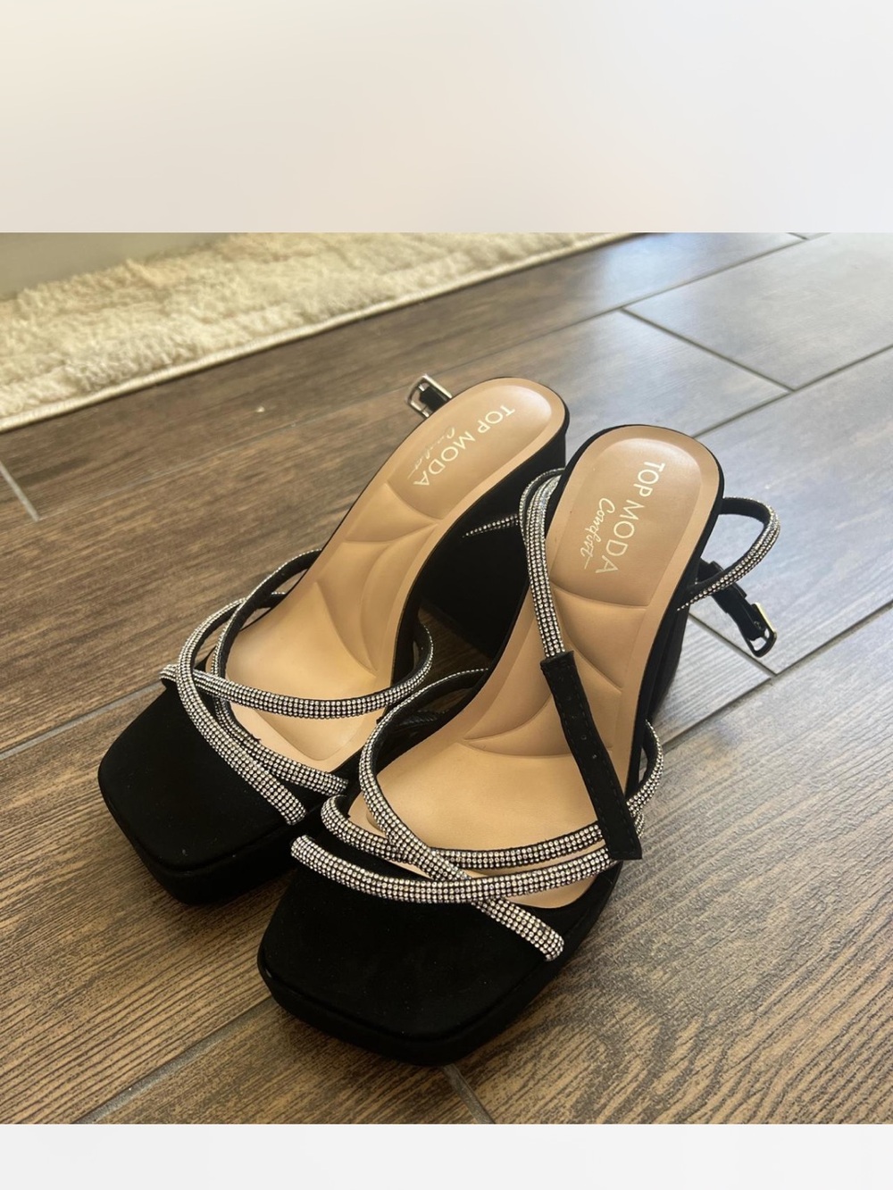 TOP Moda Black Rhinestone-Strap Square Toe Block Heels